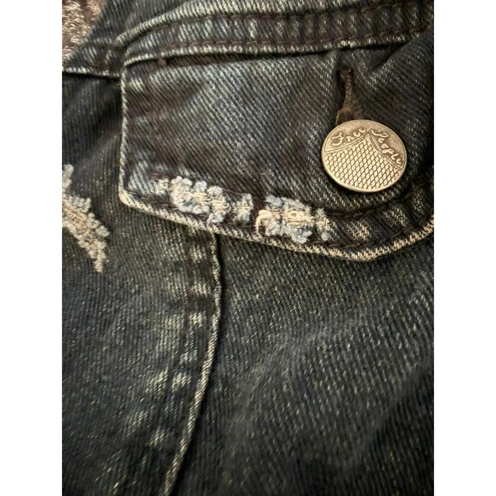 Free People Denim Jacket Hoodie Small Blue Distressed Knit Sleeve Boho Y2K